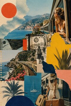 Collage of woman traveler on summer train journey along Mediterranean coast. Vintage aesthetic art exploring seaside landscapes, railway station vibe, and tropical vacation