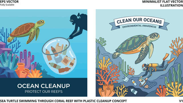 Vibrant underwater scene showcasing a dedicated diver actively removing harmful plastic debris to protect marine life and coral reefs from pollution