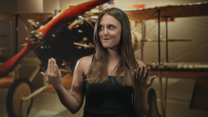 Brunette young woman in black tank top with palms up gesture in front of vintage biplane inside studio set  playful curiosity. © Krakenimages.com