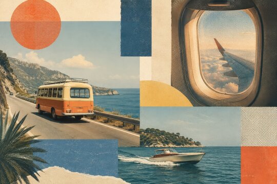 Travel adventure collage showing minibus on coastal road, airplane window view, and motorboat at sea. Summer vacation concept with vintage