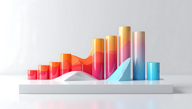 Rising bar chart graph with colorful gradient bars and wave lines on a white platform, illustrating growth and positive trend