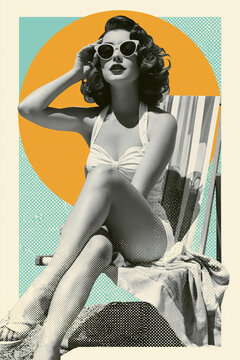 Collage of a pin up woman relaxing on a deck chair during summer vacation. Retro style travel concept with vintage fashion. Artistic graphic design with pop art elements for holiday advertisement