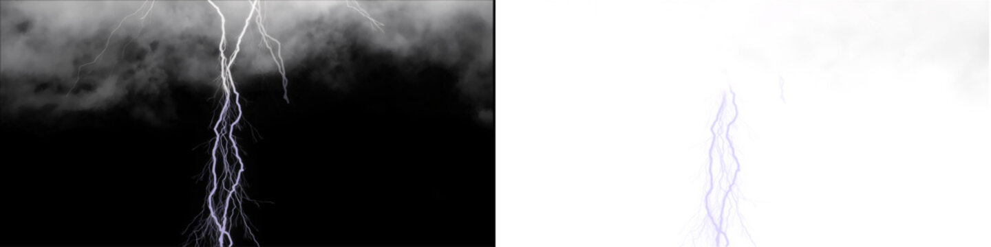 Lightning bolt striking from dark stormy clouds isolated on transparent background for creative graphic design work.