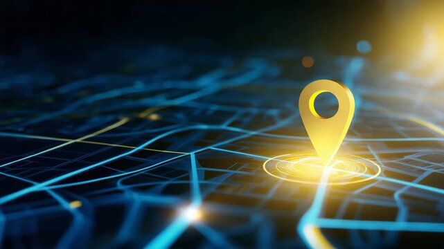 Location pin on digital city map with glowing roads, GPS navigation, geolocation technology, smart urban mapping, route planning, delivery tracking and travel destination