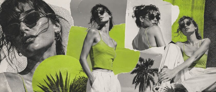 Woman in sunglasses posing in collage style poster. Summer fashion look with green and black accents. Artistic creative print design for advertising, creative blogging or magazine editorial