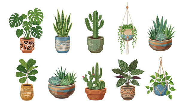 Indoor house plants vector set with colorful handmade ceramic pots and decorative natural greenery for modern home decor isolated on white background