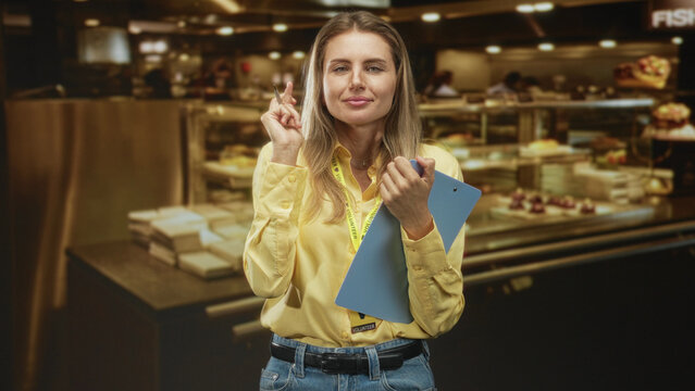 Woman holding clipboard with fingers crossed inside bakery building while looking upward and smiling; hope planning.