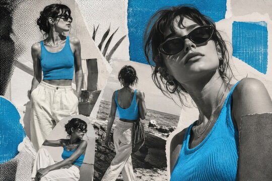 Woman in blue top and sunglasses in a creative fashion collage. Artistic style montage with summer vacation theme. Modern lifestyle photography featuring a stylish girl in a trendy creative layout