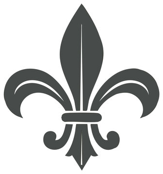 Ornate gray fleur de lis symbol, heraldic lily icon on white, historical French decorative design element