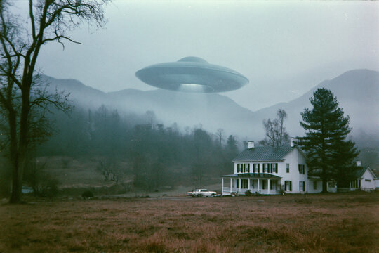 Mysterious flying saucer hovering over rural farmhouse in foggy valley. Extraterrestrial spaceship visit in countryside. Science fiction landscape with vintage aesthetic for alien encounter concept