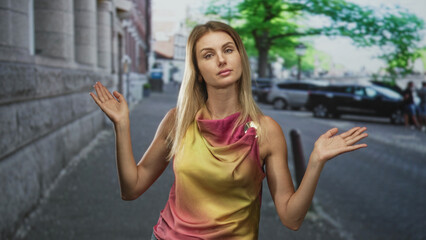 Fototapeta premium Woman raises hands palms up beside parked car on cobblestone street, head tilted and eyes rolled, showing a shrugged dismissal gesture; indifference.
