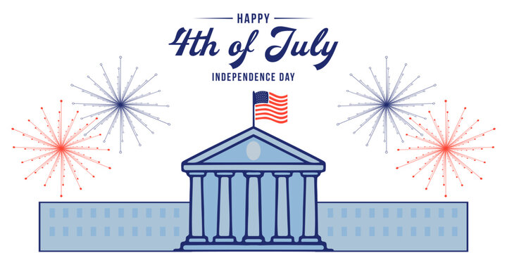 Festive Independence Day illustration featuring fireworks, patriotic typography, and a government building with the American flag. Perfect for holiday banners, posters, and social media designs.