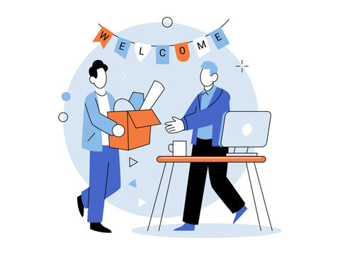 New employee carrying a box is greeted by a colleague vector illustration. Onboarding, recruitment, career start, corporate culture, hiring, workplace. Staff member holding a carton