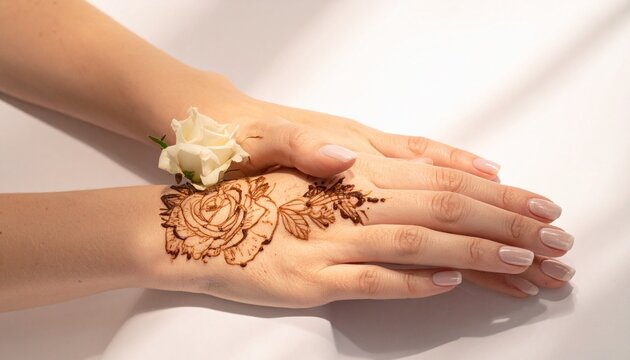 Close-up of hand with intricate brown henna floral motifs holding white rose near shoulder, softly lit elegant traditional body art composition on clean bright white background.