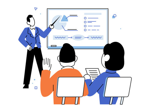 Man points to whiteboard charts while people watch vector illustration. Business training, seminar, data analysis, workshop, marketing strategy, team meeting. Presenter gesturing to a board