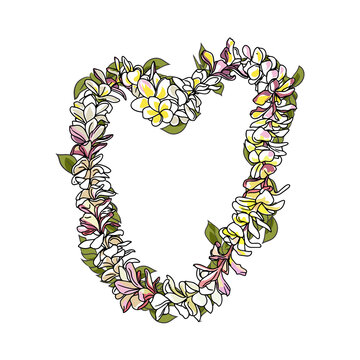 Hawaiian Plumeria Flower Heart Necklace Vector Illustration, Tropical Frangipani Floral Wreath Design