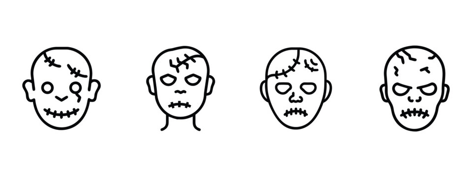 Halloween zombie head web line icons set spooky monster face scary Frankenstein skull undead creature head & more vector illustration with editable stroke.