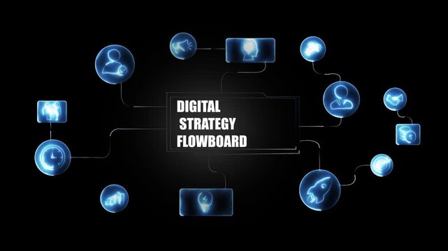 Digital strategy flowboard infographic animation featuring interconnected business and glowing network nodes for corporate presentations, marketing analytics, and modern