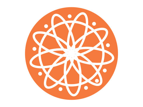 Orange circle with white geometric spirograph pattern vector illustration. Science research, energy power, meditation yoga, technology innovation, logo design, abstract art. Round emblem with floral