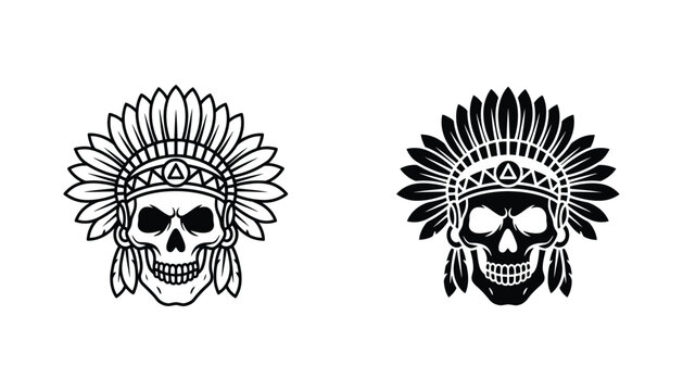 Native American chief skull wearing feathered war bonnet vector illustration in black and white style