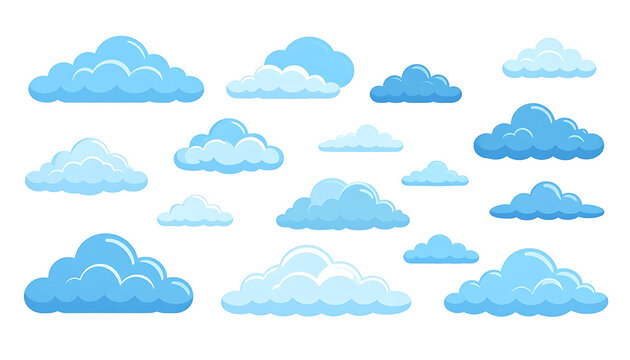 Set of pixel art clouds, stylized blue sky elements with fluffy textures, digital illustration for weather icons or game design