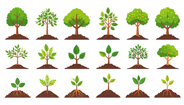 Set of pixel art trees and saplings showing growth stages, isolated on a white background, vector illustration
