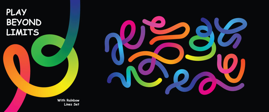 Play Beyond Limits text with flowing rainbow gradient lines on black background words quote slogan
