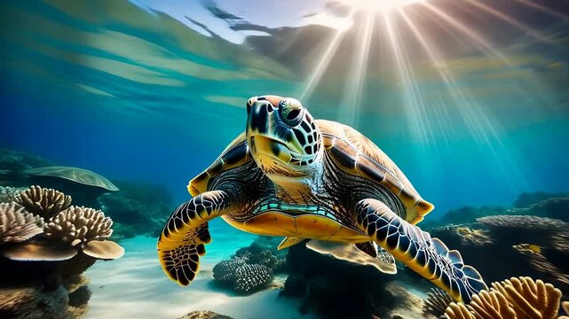 A green sea turtle swims gracefully through clear blue water, surrounded by coral reefs and sunlight filtering from above.