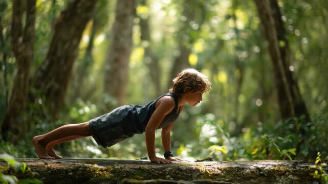 Young boy doing push-ups on a mossy log in a sun-dappled forest setting