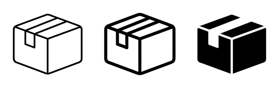 3 shipping box silhouette icons, solid black style, delivery logistics packaging set for e-commerce business.