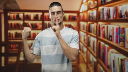 Man in striped shirt pointing at bookshelves and looking to the right inside a bookstore aisle  thoughtful curiosity. © Krakenimages.com
