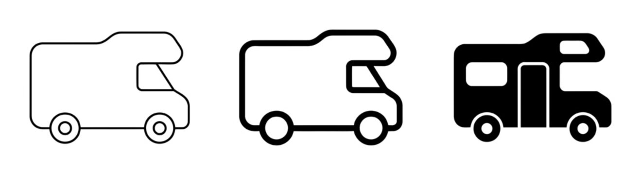 3 RV camper van silhouette icons set, solid black style, travel recreation transportation