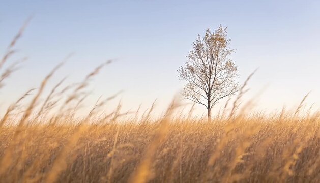 Lone tree against sky with golden field and grasses