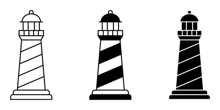 Three lighthouse silhouette icons, including outline, solid black, striped variations, for navigation safety concepts.