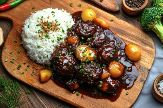 Delicious Oxtail Stew with Rice: A savory and hearty dish featuring tender oxtail in a rich, dark sauce, served alongside fluffy white rice and garnished with fresh herbs.
