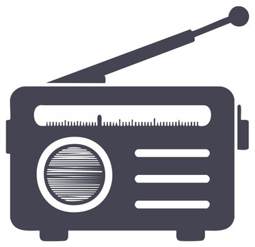 Vintage style portable radio icon with extendable antenna, tuning dial, and circular speaker grill design.