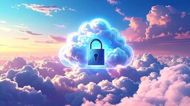 Secure Cloud Computing with Lock Icon in Sky Background.