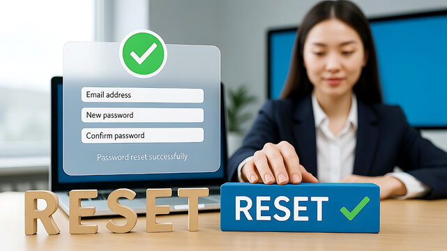 Businesswoman resets password on a laptop computer interface