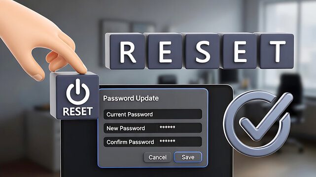 Hand pressing a reset button on a digital password update screen