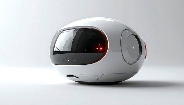 Spherical futuristic robot with a glowing red eye and reflective visor, isolated on a clean white background, modern technology concept