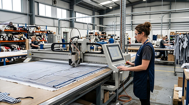 Woman operating an industrial fabric cutting machine in a busy textile manufacturing facility