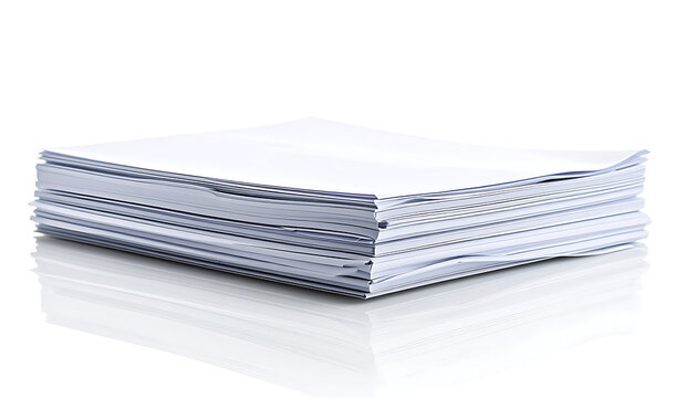 Stack of blank white paper sheets with blue lined edges, isolated on a reflective white surface, symbolizing documents, administration, or office supplies