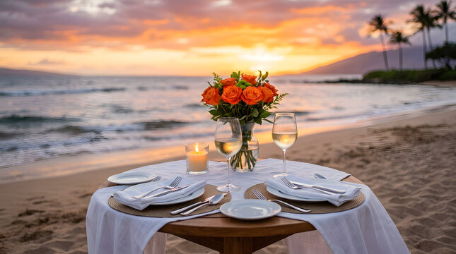 Romantic beachside dinner setup for two at sunset