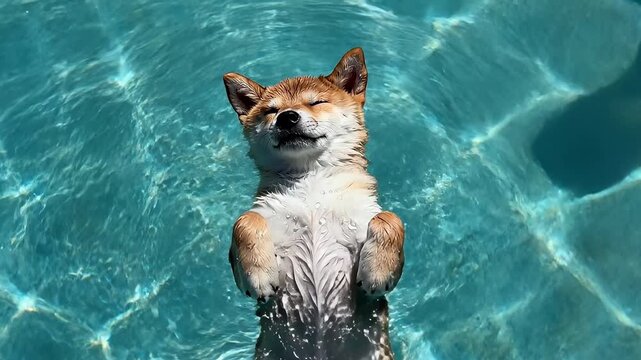 Happy Shiba Inu Dog Swimming in Blue Pool &mdash; Cute Funny Pet Enjoying Summer Water with Relaxed Expression
