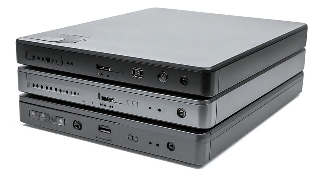 Stack of three external hard drives, computer storage devices in black and silver, technology concept for data backup and digital archiving