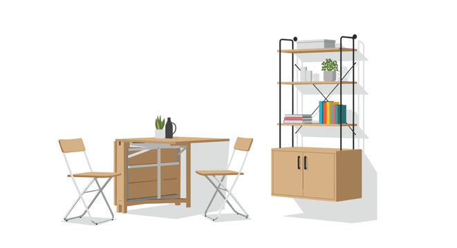 Modern and space-saving dining solution with a wooden folding table, two minimalist folding chairs, and a wall-mounted shelving unit integrated with a two-door cabinet for organized storage.
