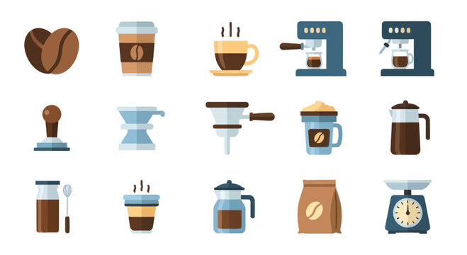 Coffee Icons: Beans, Machines, Cups, Grinders, Pots, Scales, Bags