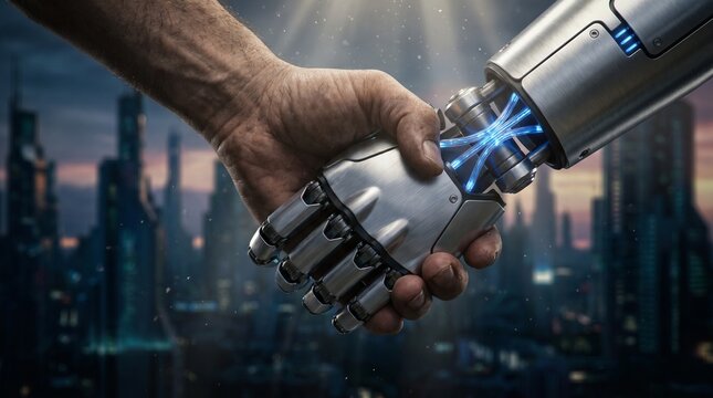 robotic cybernetic hand shaking human hand, AI future concept, dramatic lighting, ultra realistic textures