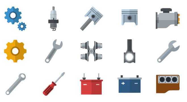 Car Parts Icons: Engine, Spark Plug, Piston, Wrench, Battery, Gears
