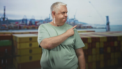 Fototapeta premium Man points finger to stacked shipping containers in a port building while looking upward with a pensive expression and relaxed posture; quiet contemplation.